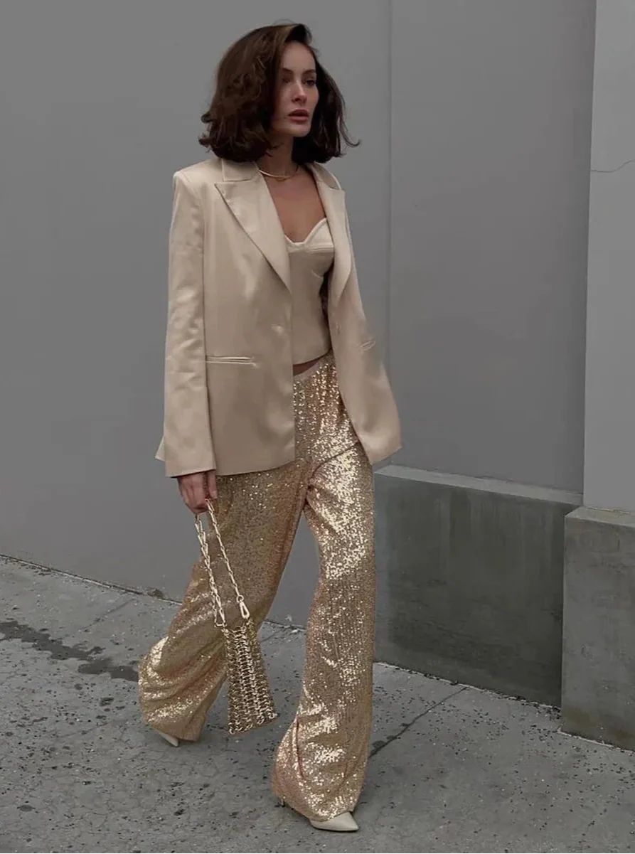 Paljettbyxor – Glittrande – Glitter – Byxor med vida ben – Paljettbyxor för damer-Mira Lina