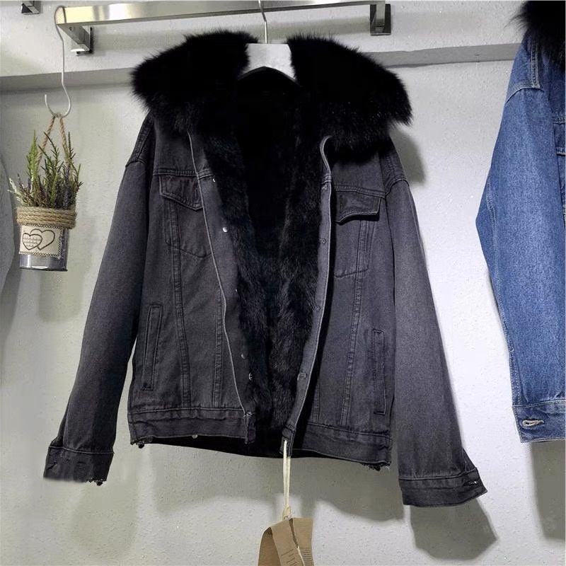 Pälsfodrad Jeansjacka | Varm | Fuskpäls | Vinterjeansjacka | Jeansjacka för damer-Mira Lina