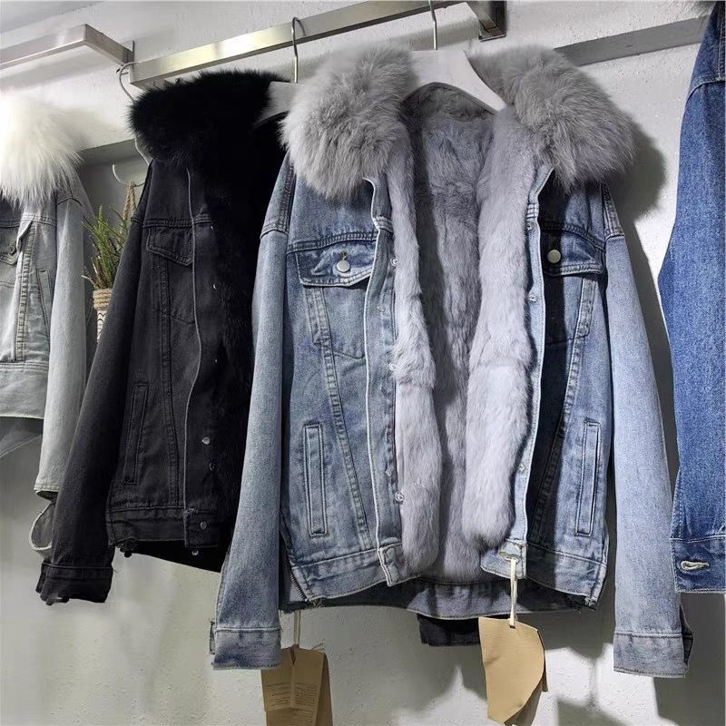 Pälsfodrad Jeansjacka | Varm | Fuskpäls | Vinterjeansjacka | Jeansjacka för damer-Mira Lina