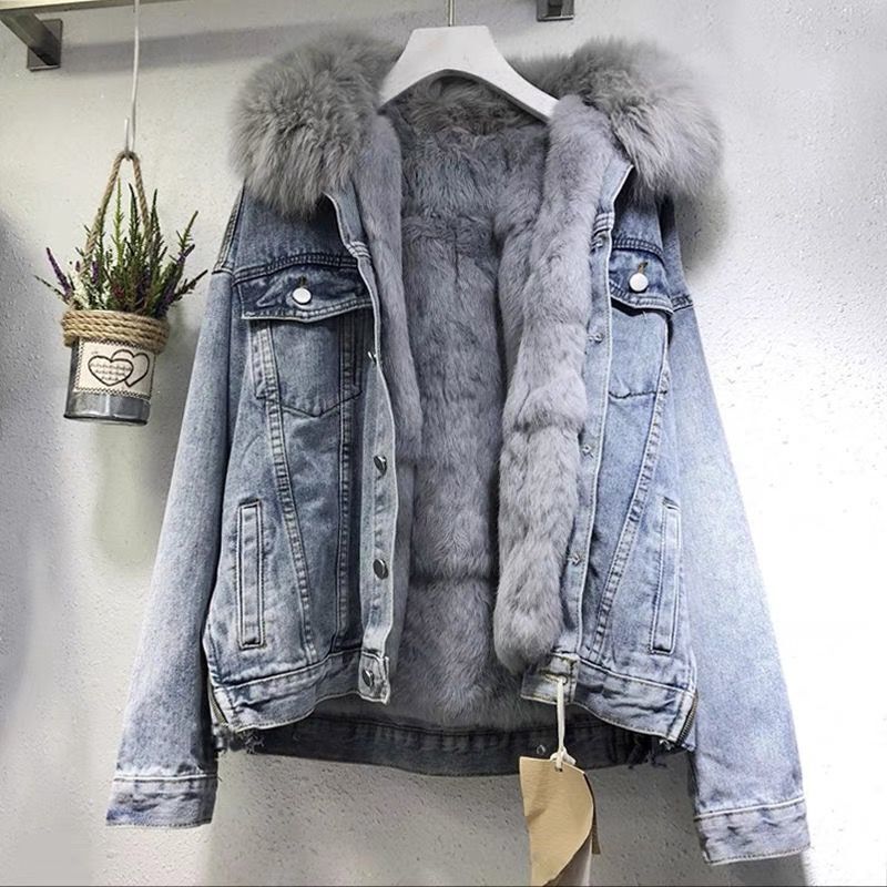 Pälsfodrad Jeansjacka | Varm | Fuskpäls | Vinterjeansjacka | Jeansjacka för damer-Mira Lina