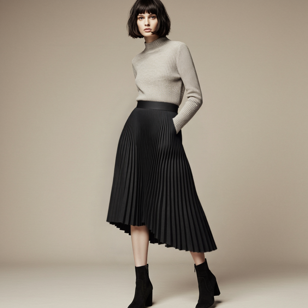 Plisserad kjol | Hög midja | Elegant | Midikjol | Damkjol-Mira Lina