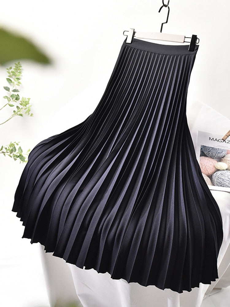 Plisserad kjol | Hög midja | Elegant | Midikjol | Damkjol-Mira Lina