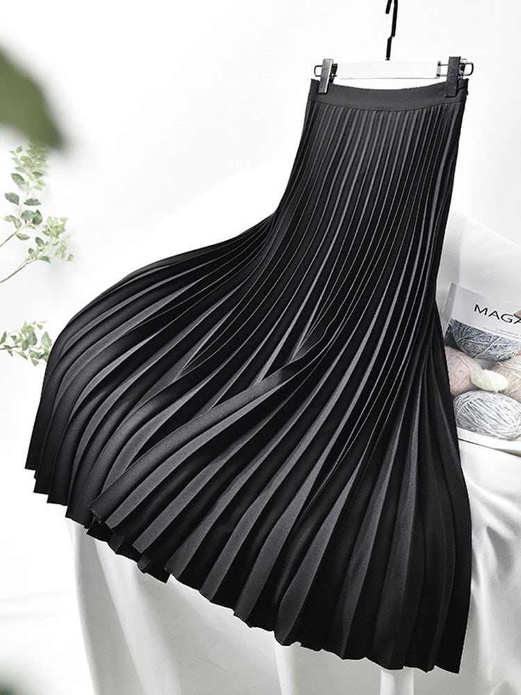 Plisserad kjol | Hög midja | Elegant | Midikjol | Damkjol-Mira Lina