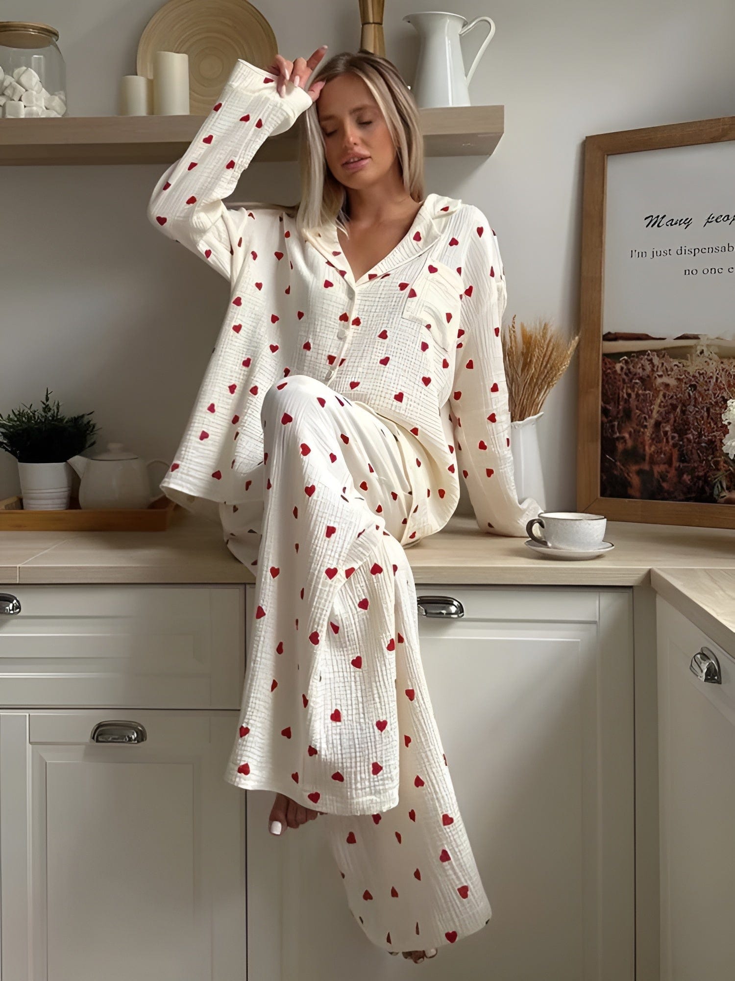 Pyjamasset - Långärmad pyjamas i slubväv med hjärtmönster för kvinnor Nattksyntetmaterial med struktur-Mira Lina