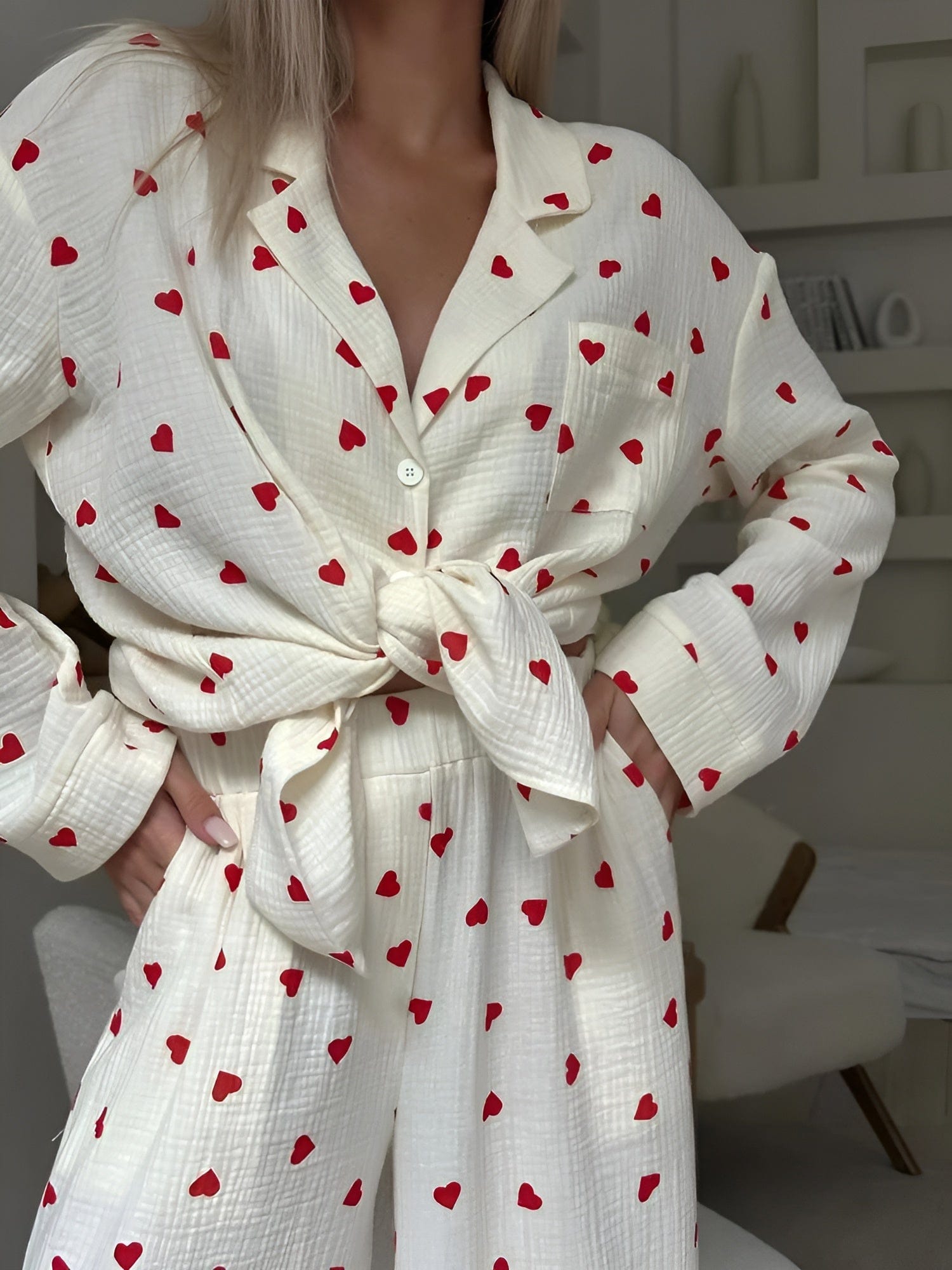 Pyjamasset - Långärmad pyjamas i slubväv med hjärtmönster för kvinnor Nattksyntetmaterial med struktur-Mira Lina