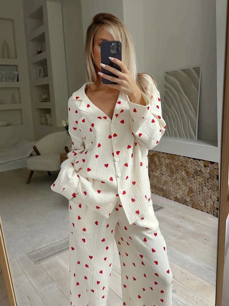 Pyjamasset - Långärmad pyjamas i slubväv med hjärtmönster för kvinnor Nattksyntetmaterial med struktur-Mira Lina