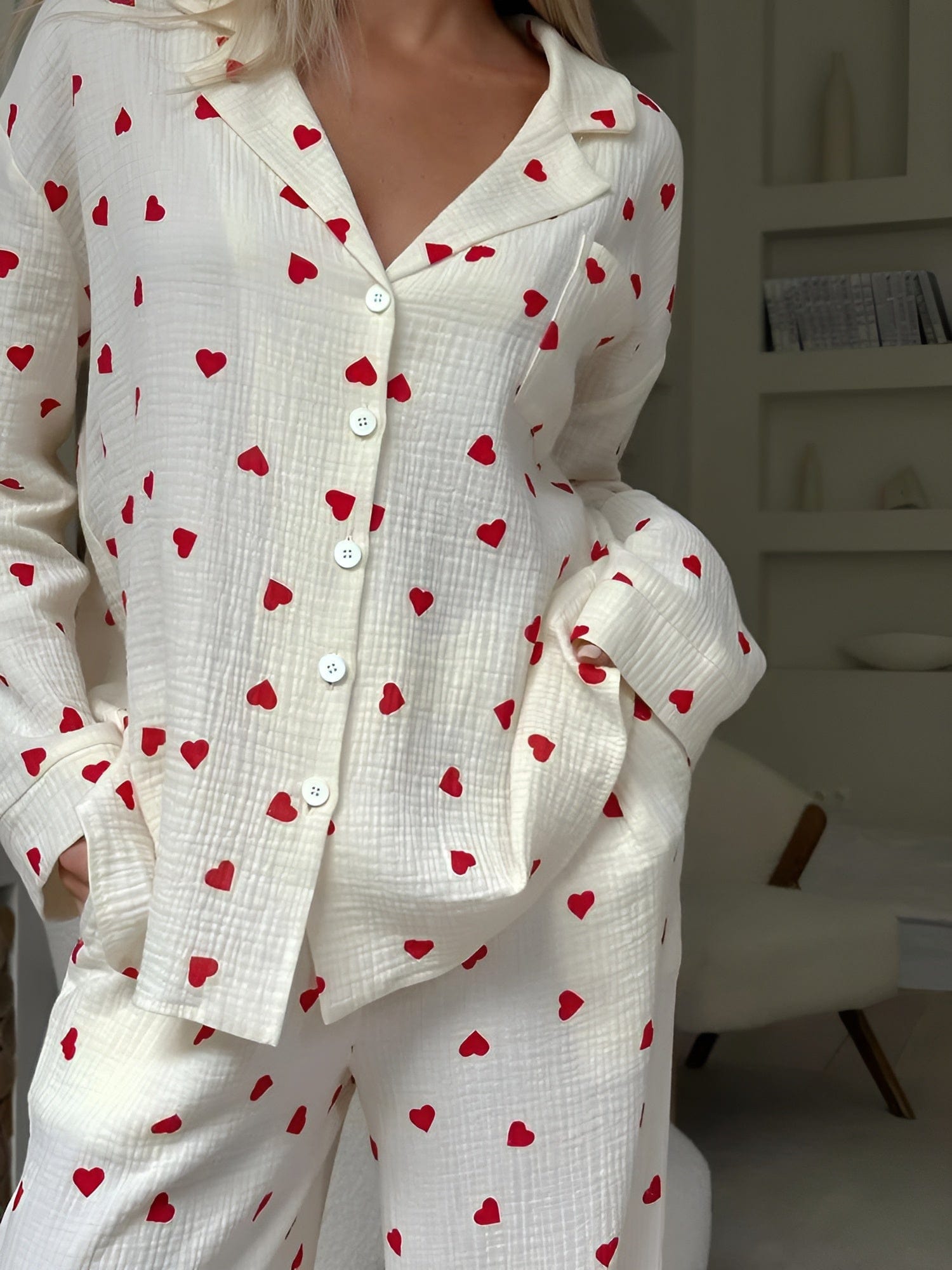 Pyjamasset - Långärmad pyjamas i slubväv med hjärtmönster för kvinnor Nattksyntetmaterial med struktur-Mira Lina