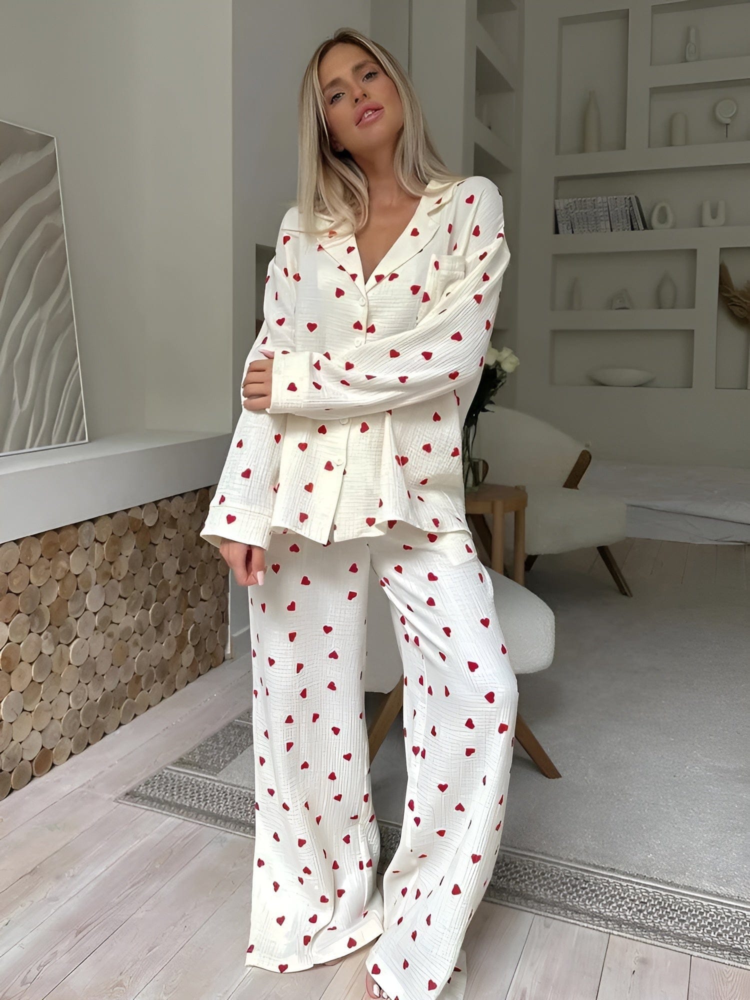 Pyjamasset - Långärmad pyjamas i slubväv med hjärtmönster för kvinnor Nattksyntetmaterial med struktur-Mira Lina