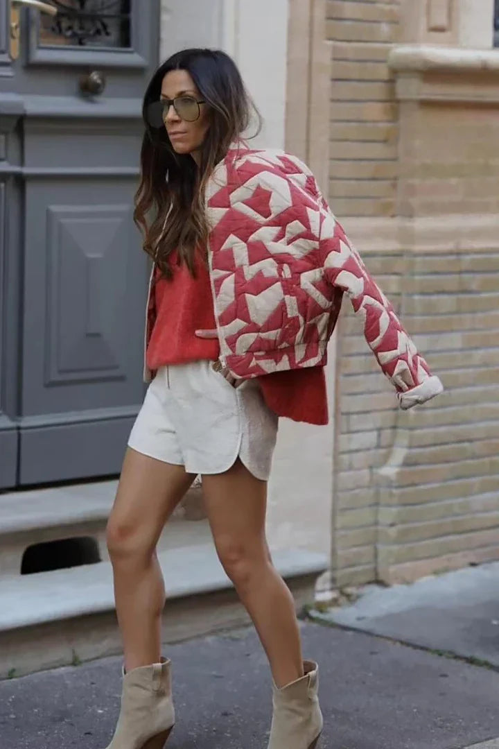 Quiltad jacka | Röd | Zip-Up | Quiltad bomberjacka | Damjacka-Mira Lina