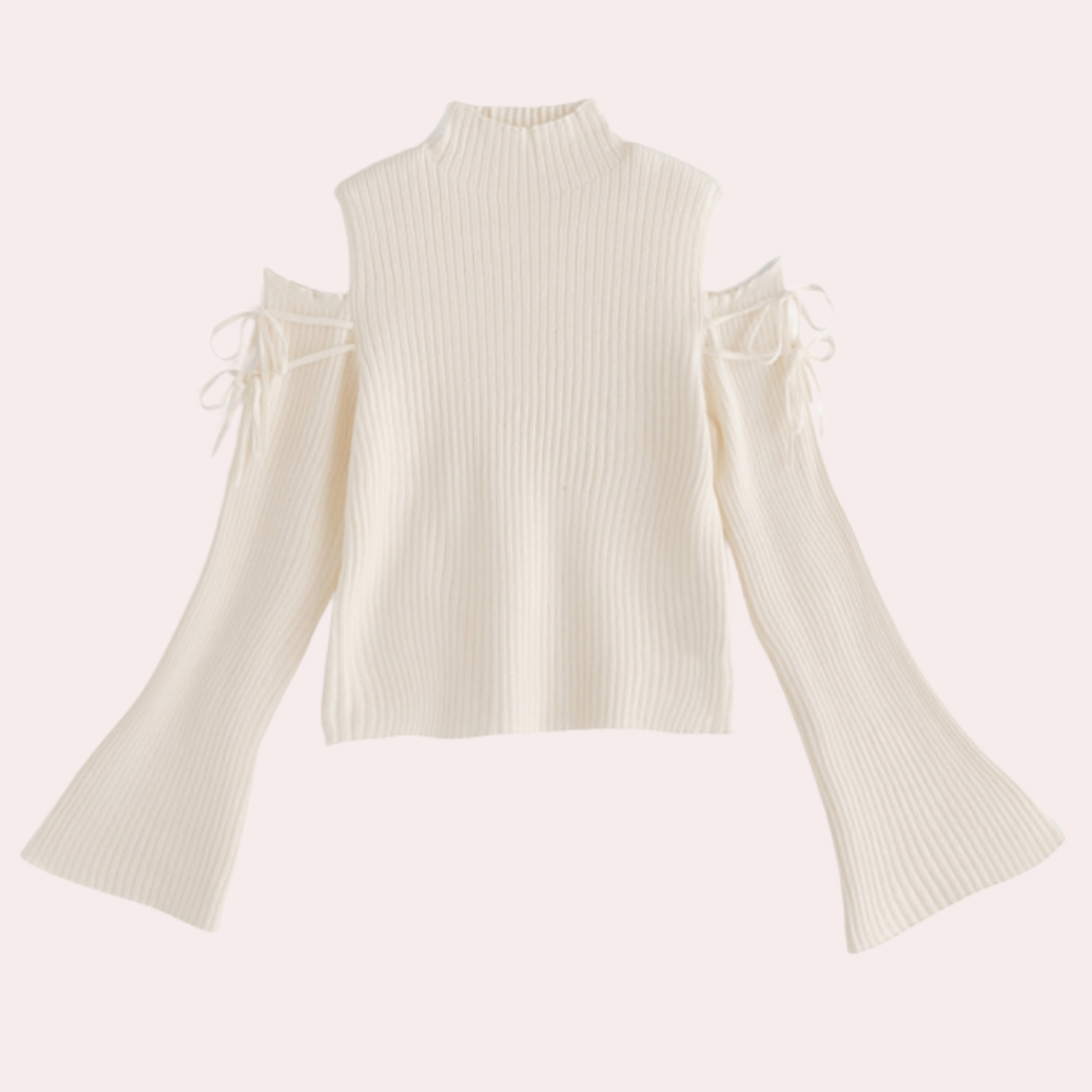 Ribbstickad tröja - hög hals - utskurna axlar - sköldpaddshalsad tröja - Damksyntetmaterial med struktur-Mira Lina