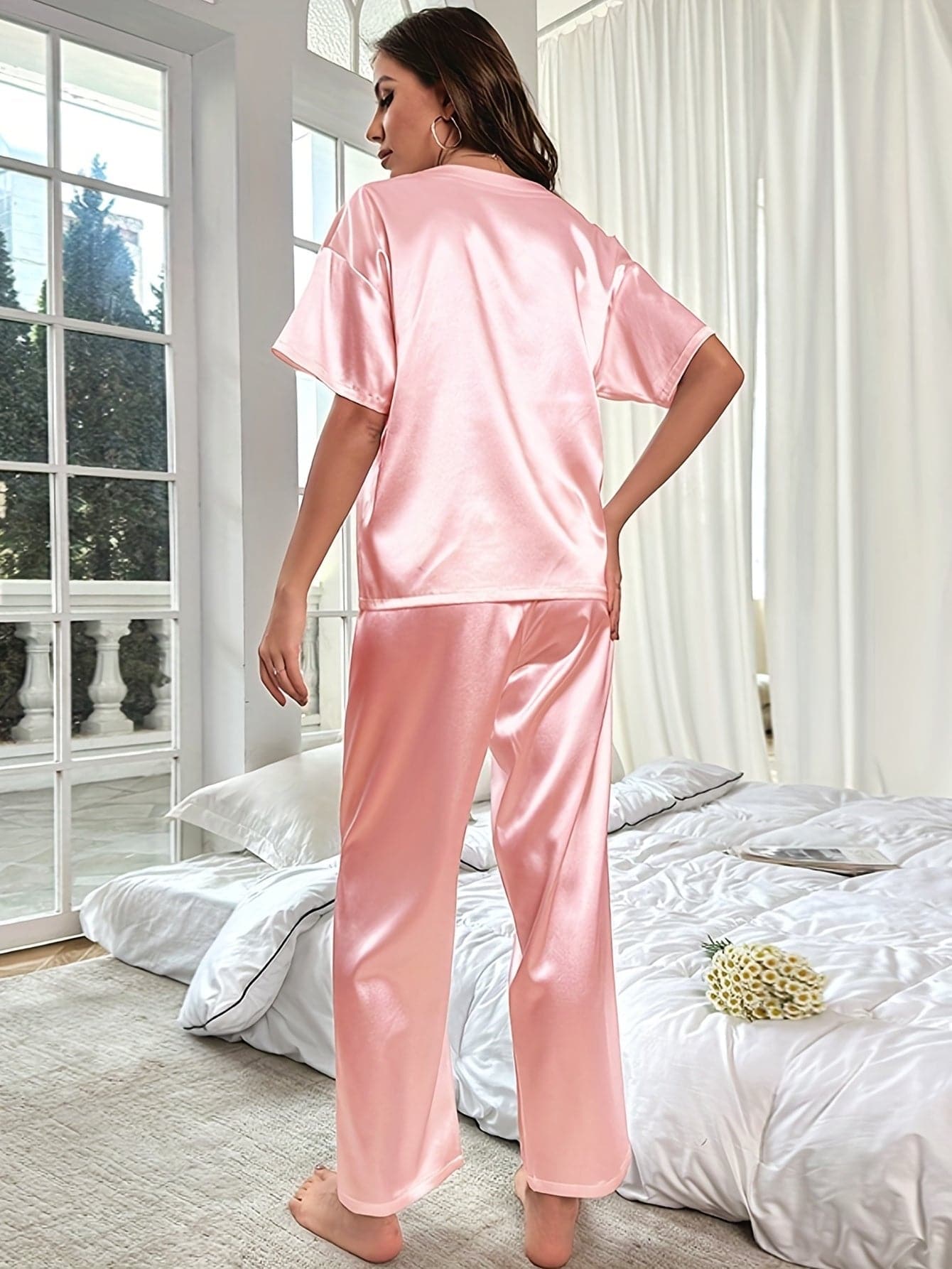 Satinpyjamas | Kortärmad | Elastisk midja | Satinpyjamas-set | Pyjamas-set för kvinnor-Mira Lina