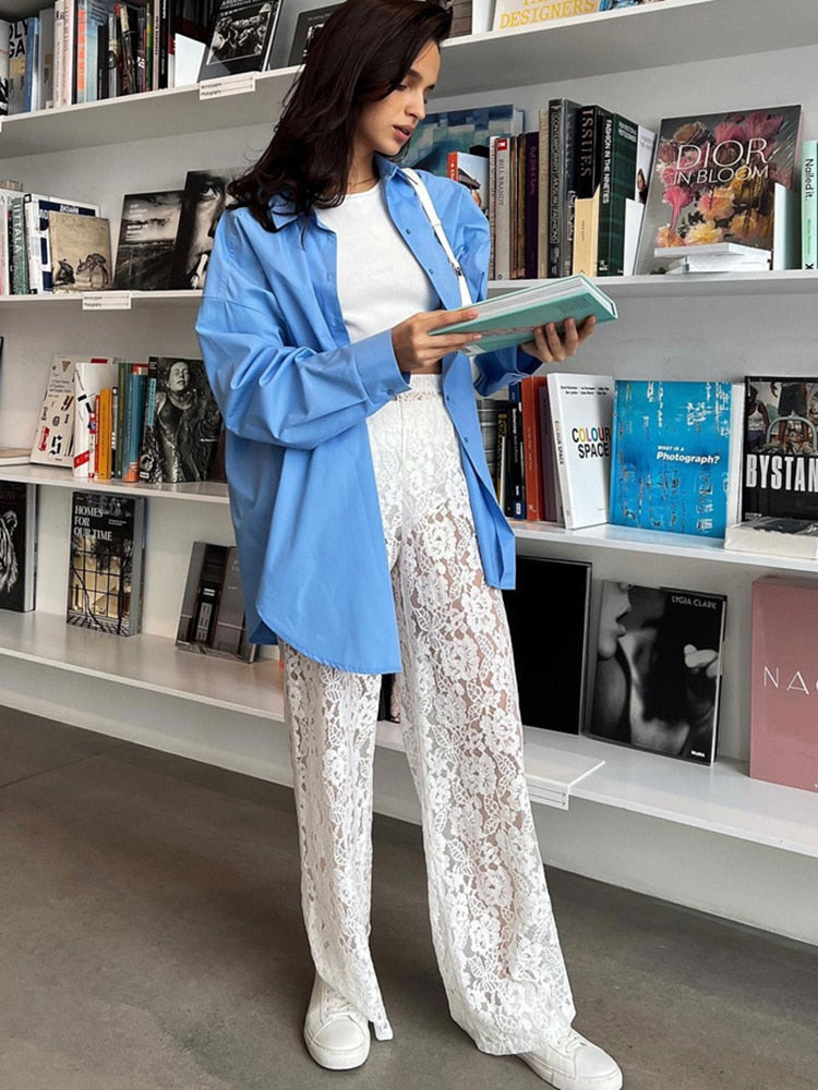 Spetsbyxor - Hög midja - Vida ben - Genomskinliga spetsbyxor - Byxor för kvinnor-Mira Lina