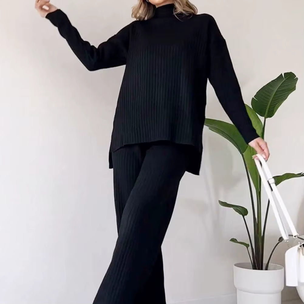 Stickad matchande set - Loungewear-set för damer med turtleneck och vida ben-Mira Lina