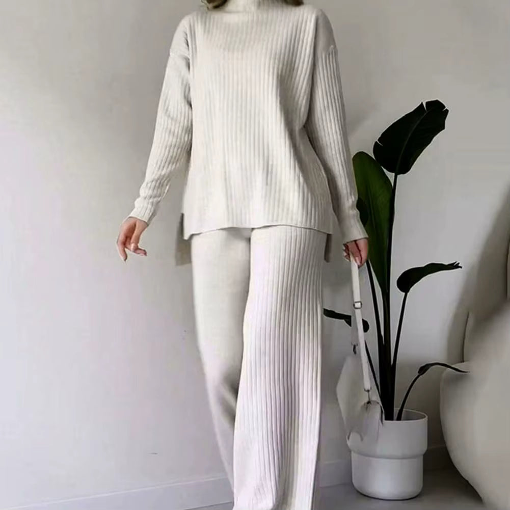 Stickad matchande set - Loungewear-set för damer med turtleneck och vida ben-Mira Lina