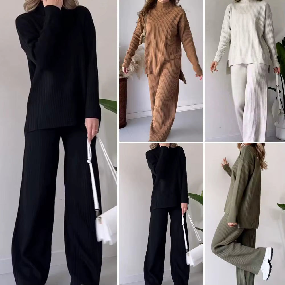 Stickad matchande set - Loungewear-set för damer med turtleneck och vida ben-Mira Lina