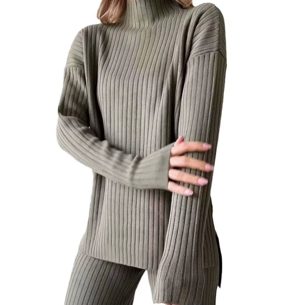 Stickad matchande set - Loungewear-set för damer med turtleneck och vida ben-Mira Lina