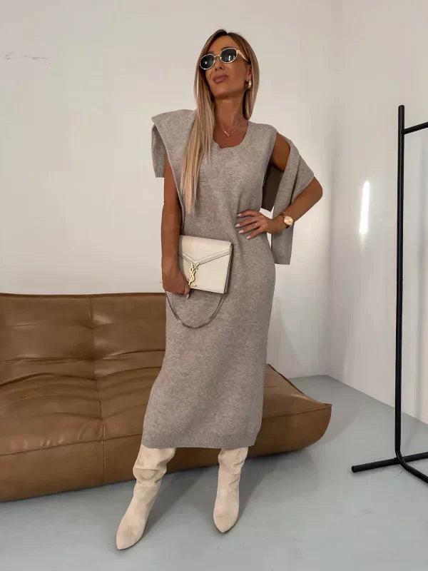 Stickad matchande set - Tröja - Midiklänning - Stickat tvådelat set - Höstksyntetmaterial med struktur för damer-Mira Lina