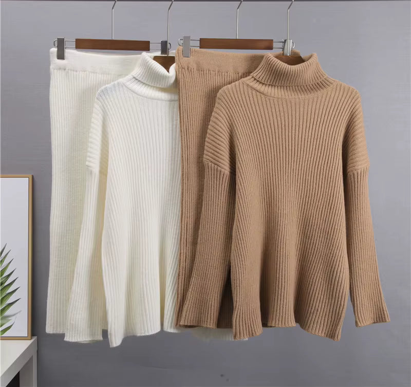 Stickad matchande set - Turtleneck - Midikjol - Stickat tvådelat set - Tröjkjolsset-Mira Lina