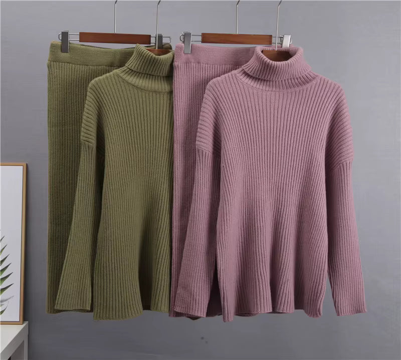 Stickad matchande set - Turtleneck - Midikjol - Stickat tvådelat set - Tröjkjolsset-Mira Lina