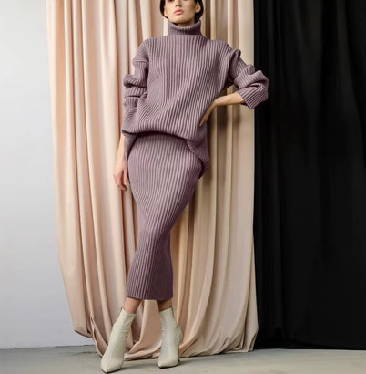 Stickad matchande set - Turtleneck - Midikjol - Stickat tvådelat set - Tröjkjolsset-Mira Lina