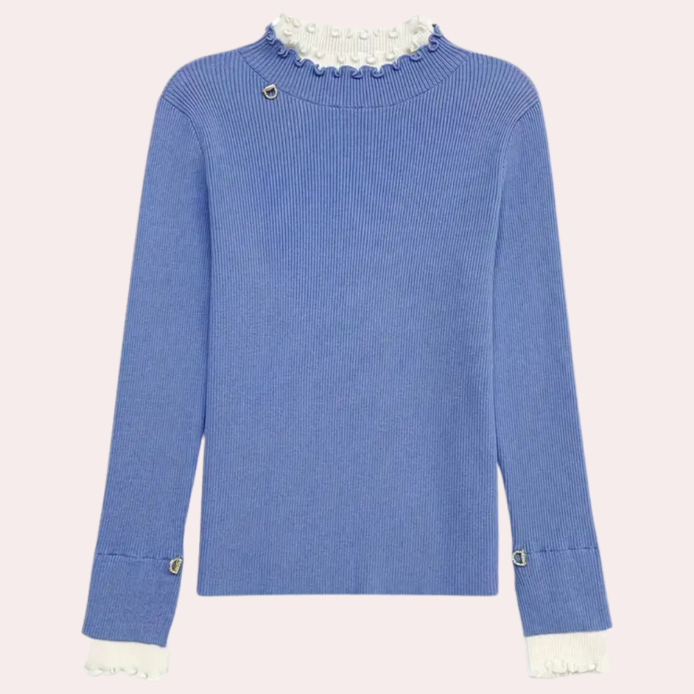 Stickad tröja | Ribbstickad | Blå | Höghalsad tröja | Damksyntetmaterial med struktur-Mira Lina