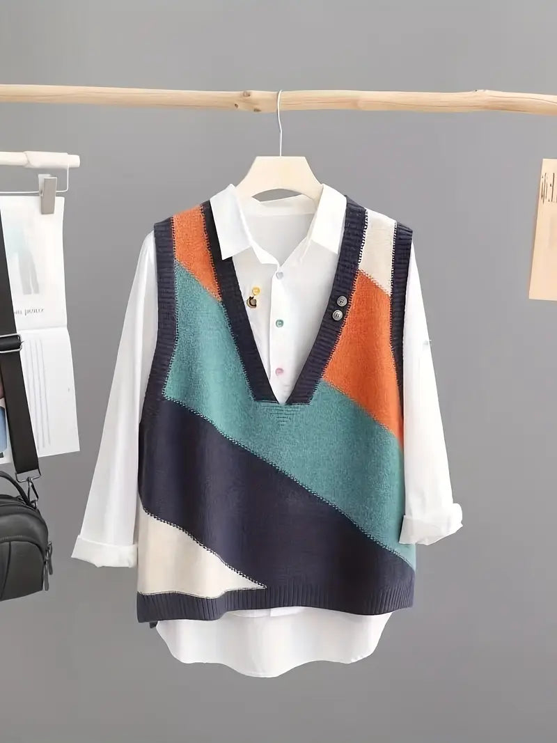 Stickad väst - Löst sittande damväst med V-ringning-Mira Lina