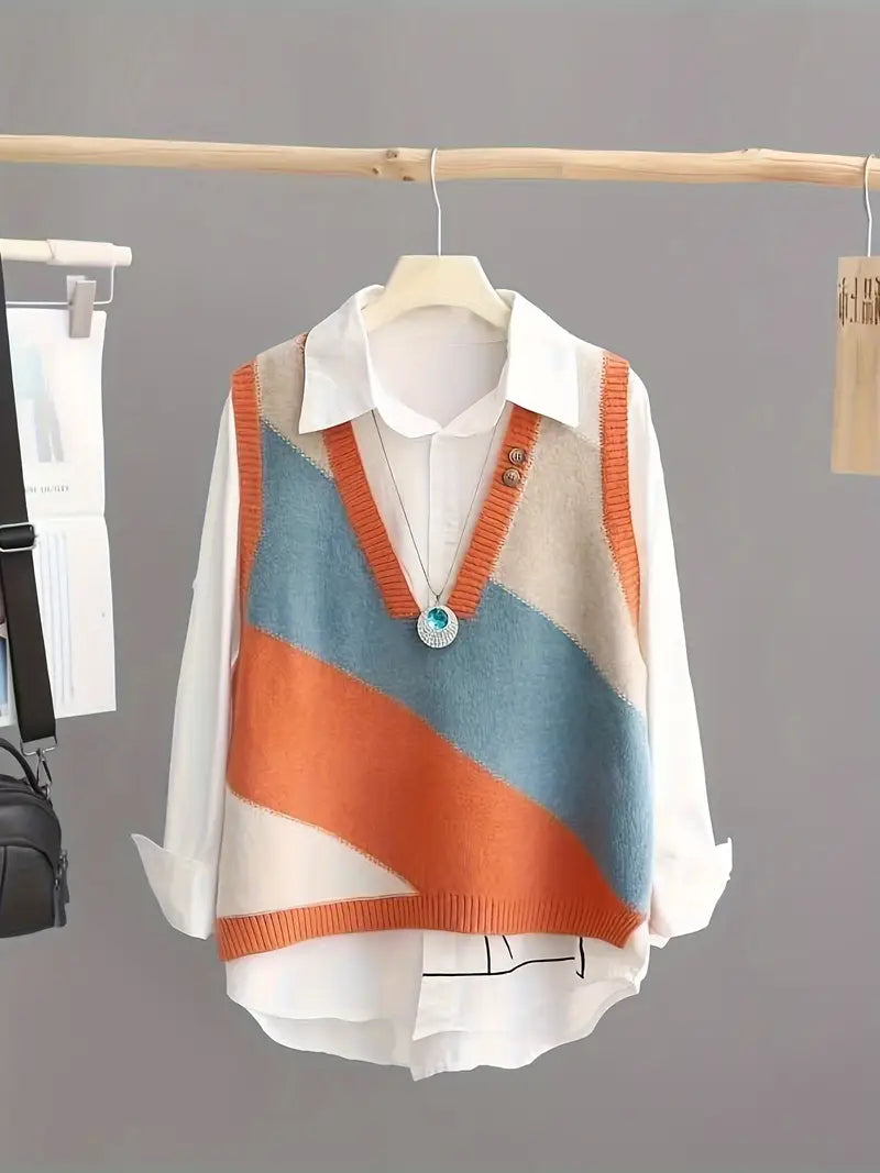 Stickad väst - Löst sittande damväst med V-ringning-Mira Lina