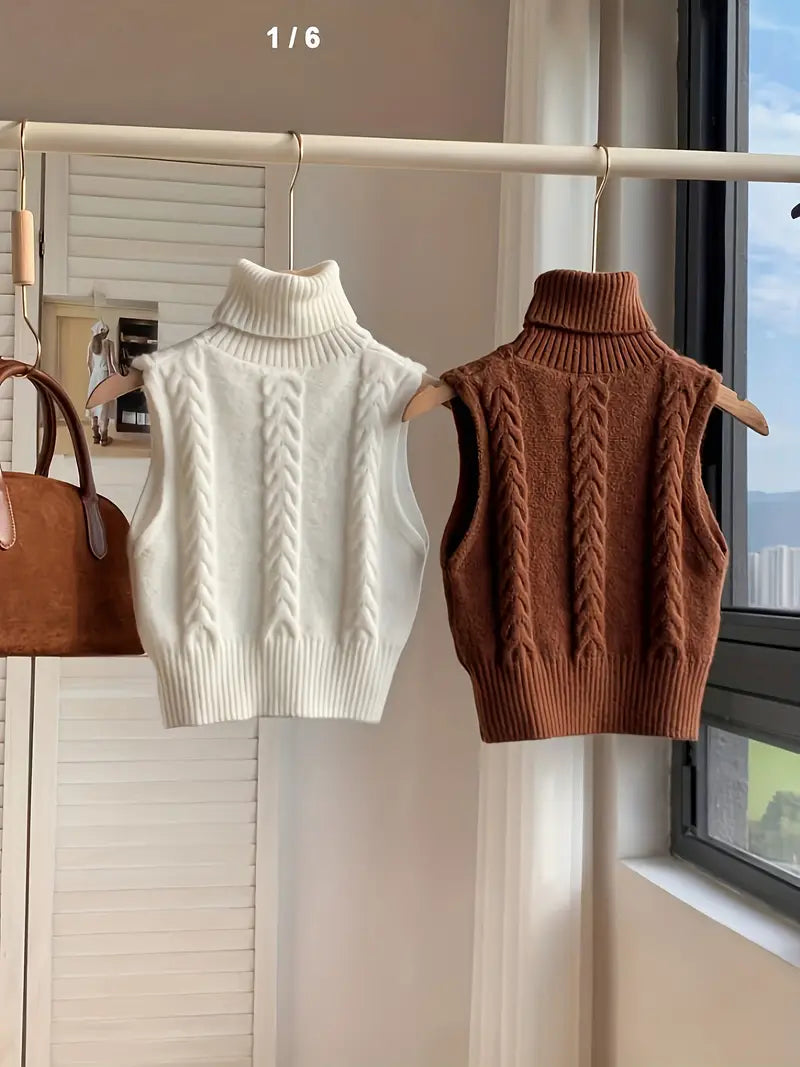 Stickad väst - Turtleneck - Pullover - Tröjväst - Damväst-Mira Lina