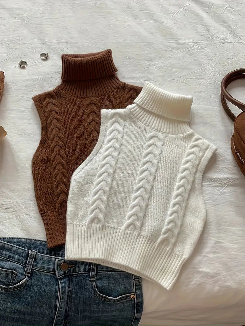 Stickad väst - Turtleneck - Pullover - Tröjväst - Damväst-Mira Lina