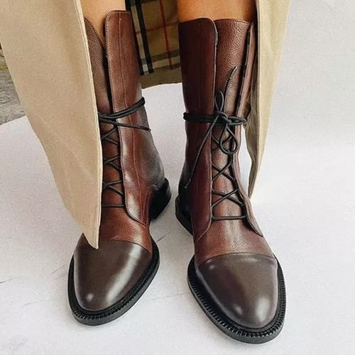 Syntetmaterial med strukturkängor - Vintage Mid Calf Lace Up-kängor för kvinnor-Mira Lina