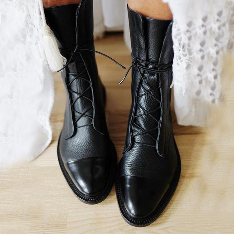 Syntetmaterial med strukturkängor - Vintage Mid Calf Lace Up-kängor för kvinnor-Mira Lina