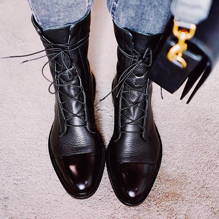 Syntetmaterial med strukturkängor - Vintage Mid Calf Lace Up-kängor för kvinnor-Mira Lina