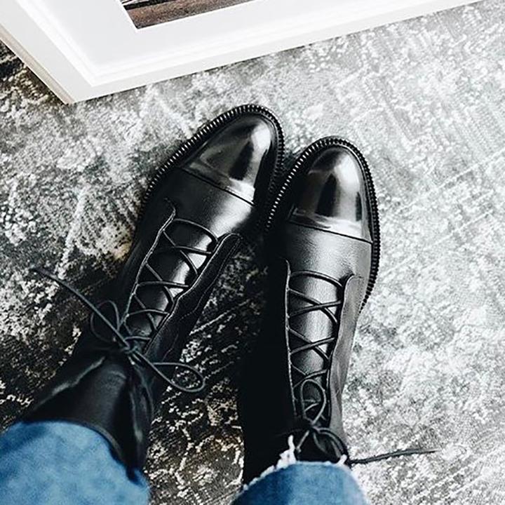 Syntetmaterial med strukturkängor - Vintage Mid Calf Lace Up-kängor för kvinnor-Mira Lina