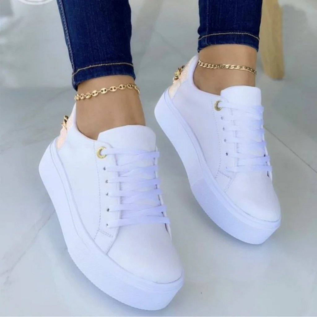 Syntetmaterial med struktursneakers – Trendy sneakers med tjock sula och snörning för damer-Mira Lina