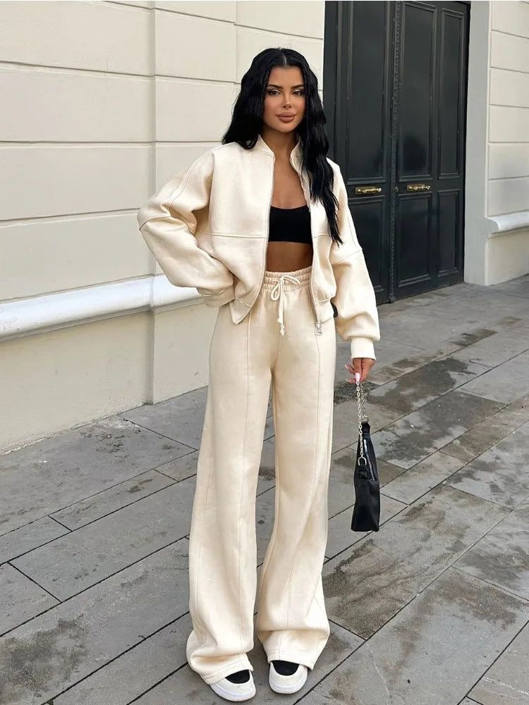 Träningsoverall för damer - Joggers med vida ben och dragkedja för damer, tvådelat set-Mira Lina