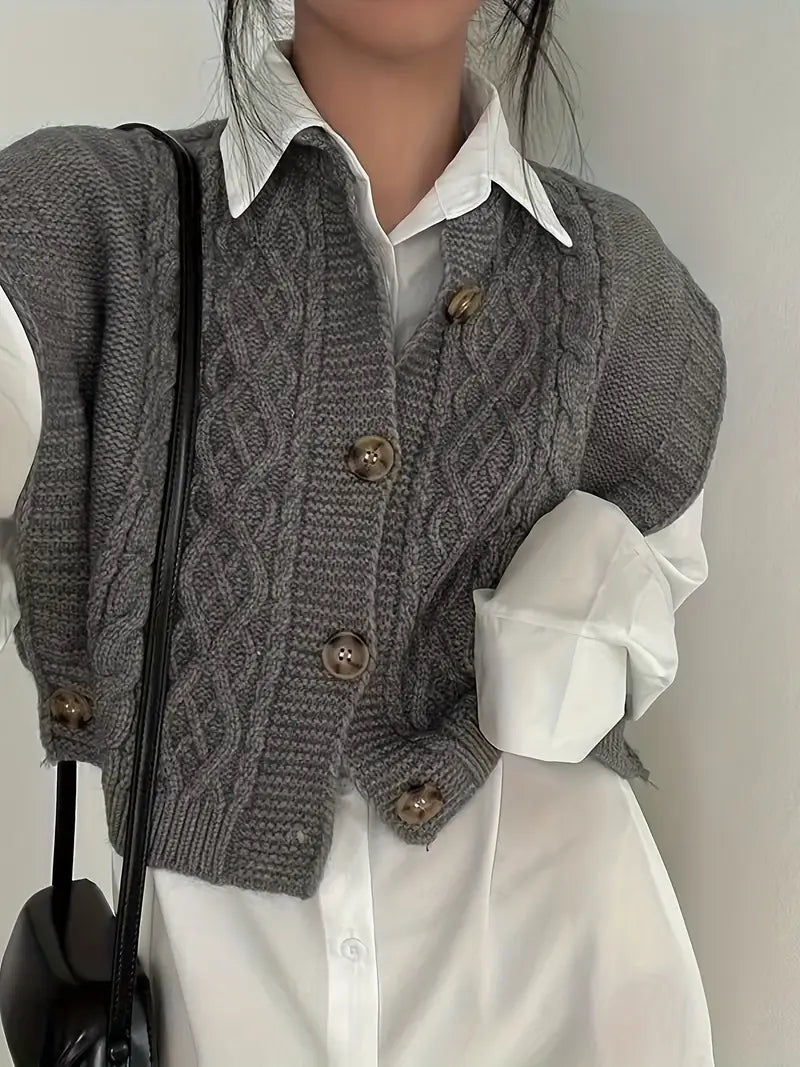 Tröja utan ärmar – Knäppt – Löst sittande – Stickad väst – Stickade plagg för damer-Mira Lina