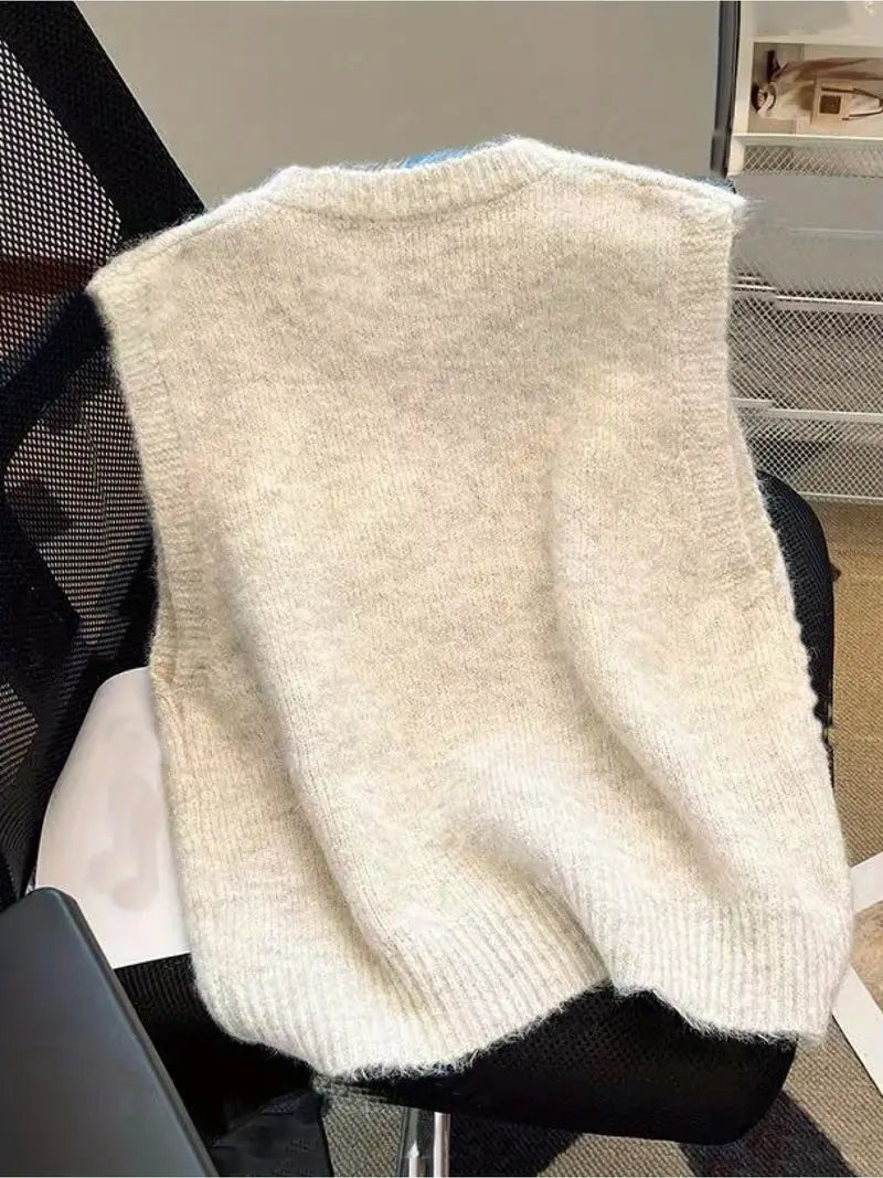 Tröjväst – Ärmlös stickad pulloverväst för damer-Mira Lina