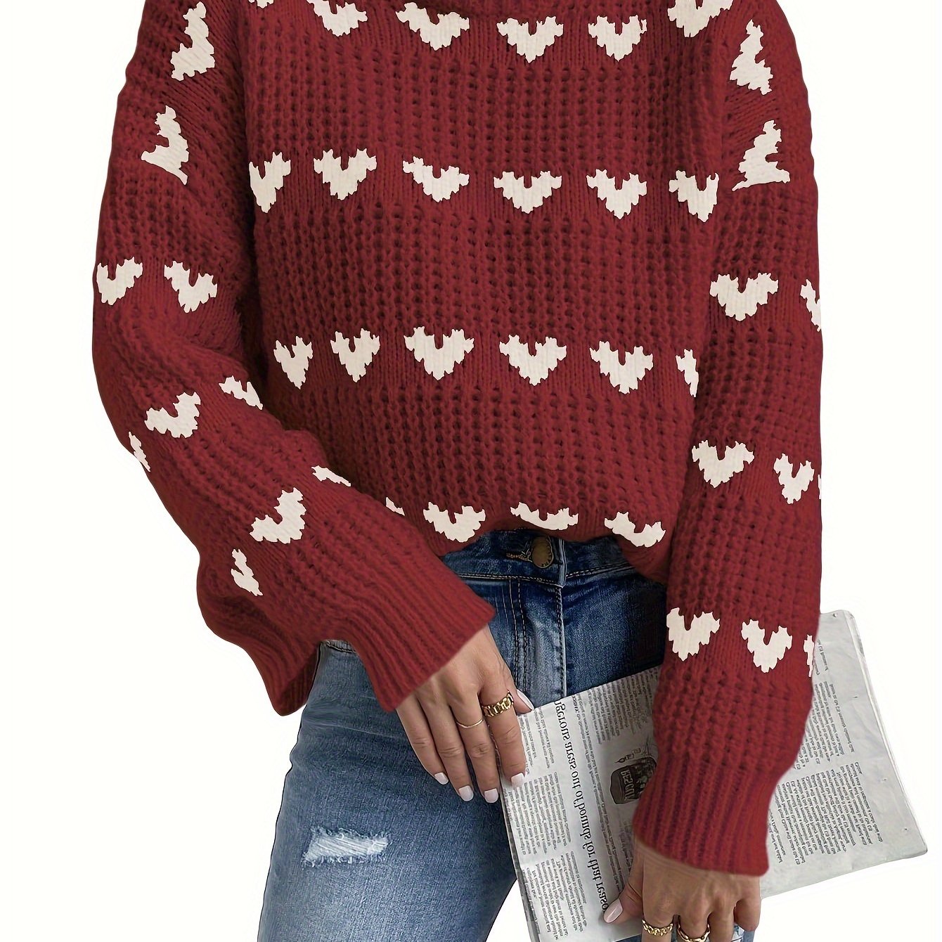 Turtleneck-tröja | Hjärtmönster | Hög hals | Stickad tröja | Damtröja-Mira Lina