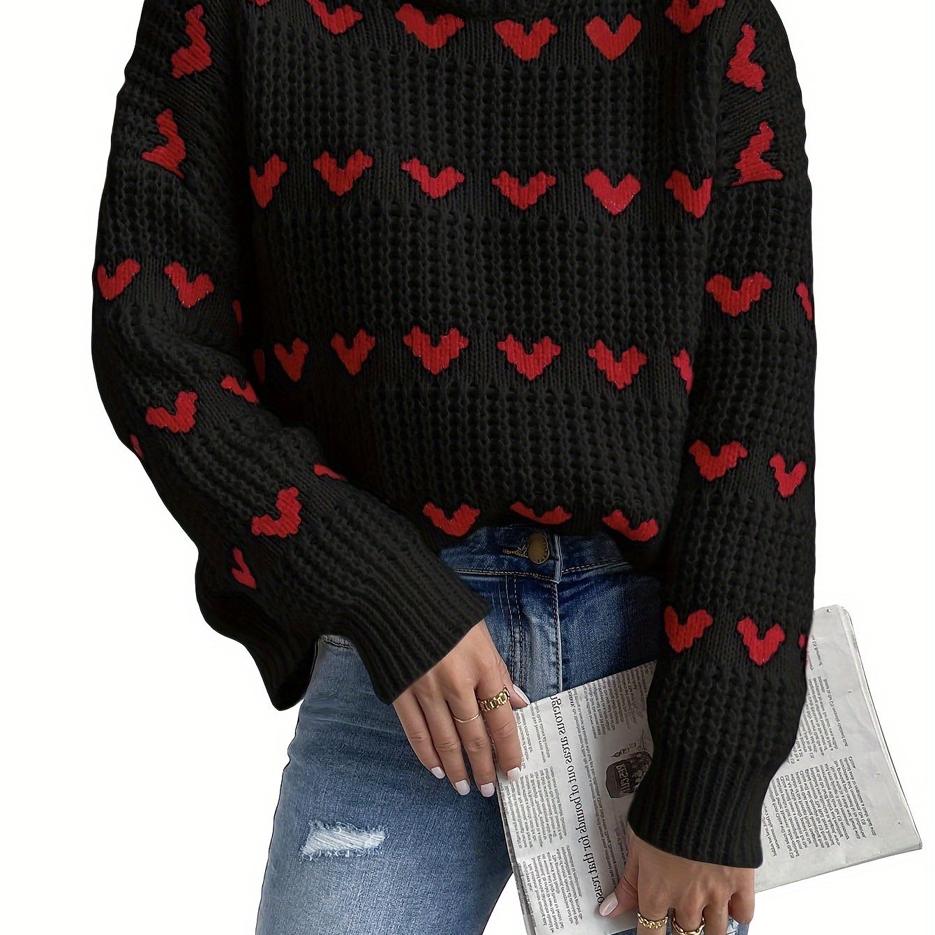 Turtleneck-tröja | Hjärtmönster | Hög hals | Stickad tröja | Damtröja-Mira Lina