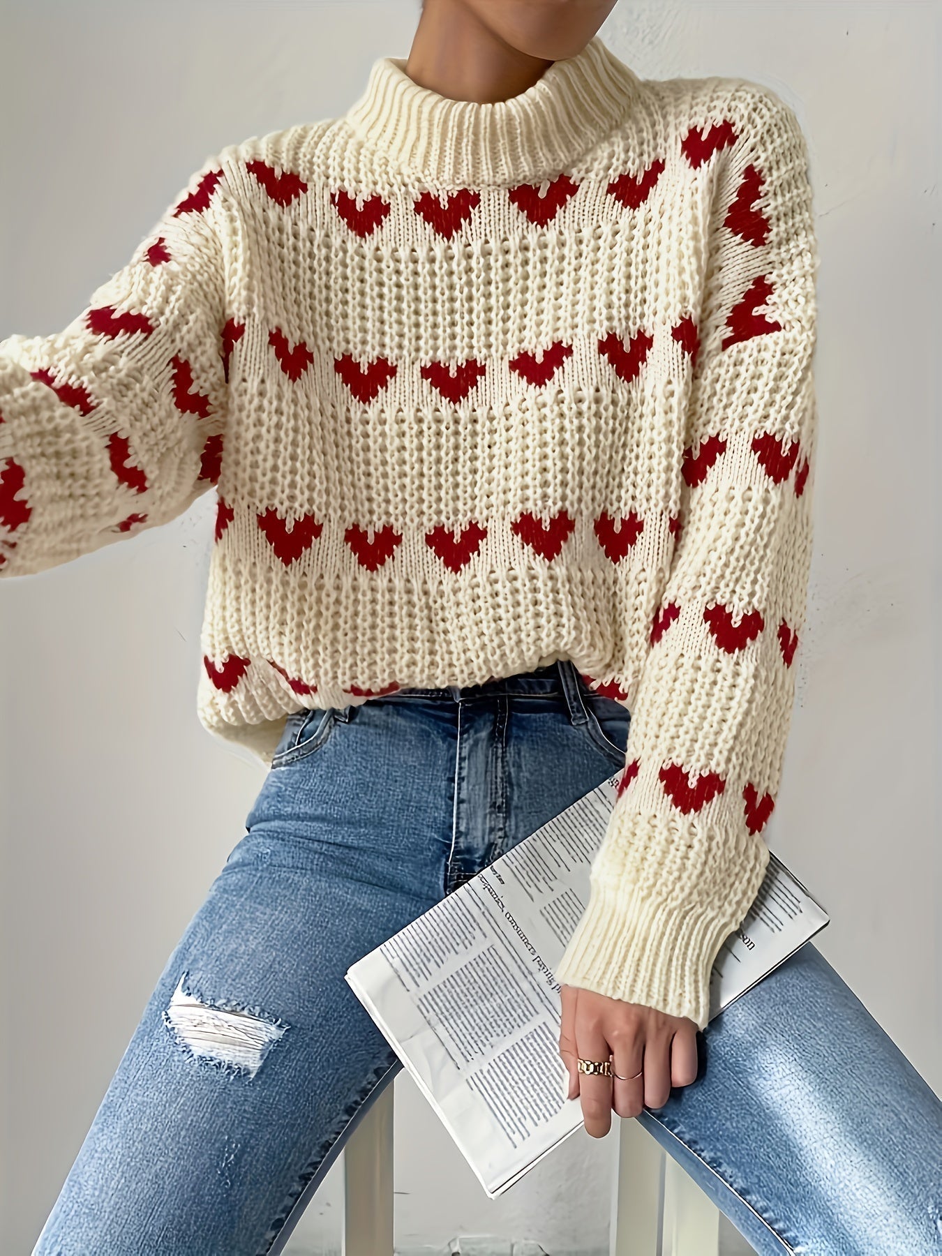 Turtleneck-tröja | Hjärtmönster | Hög hals | Stickad tröja | Damtröja-Mira Lina