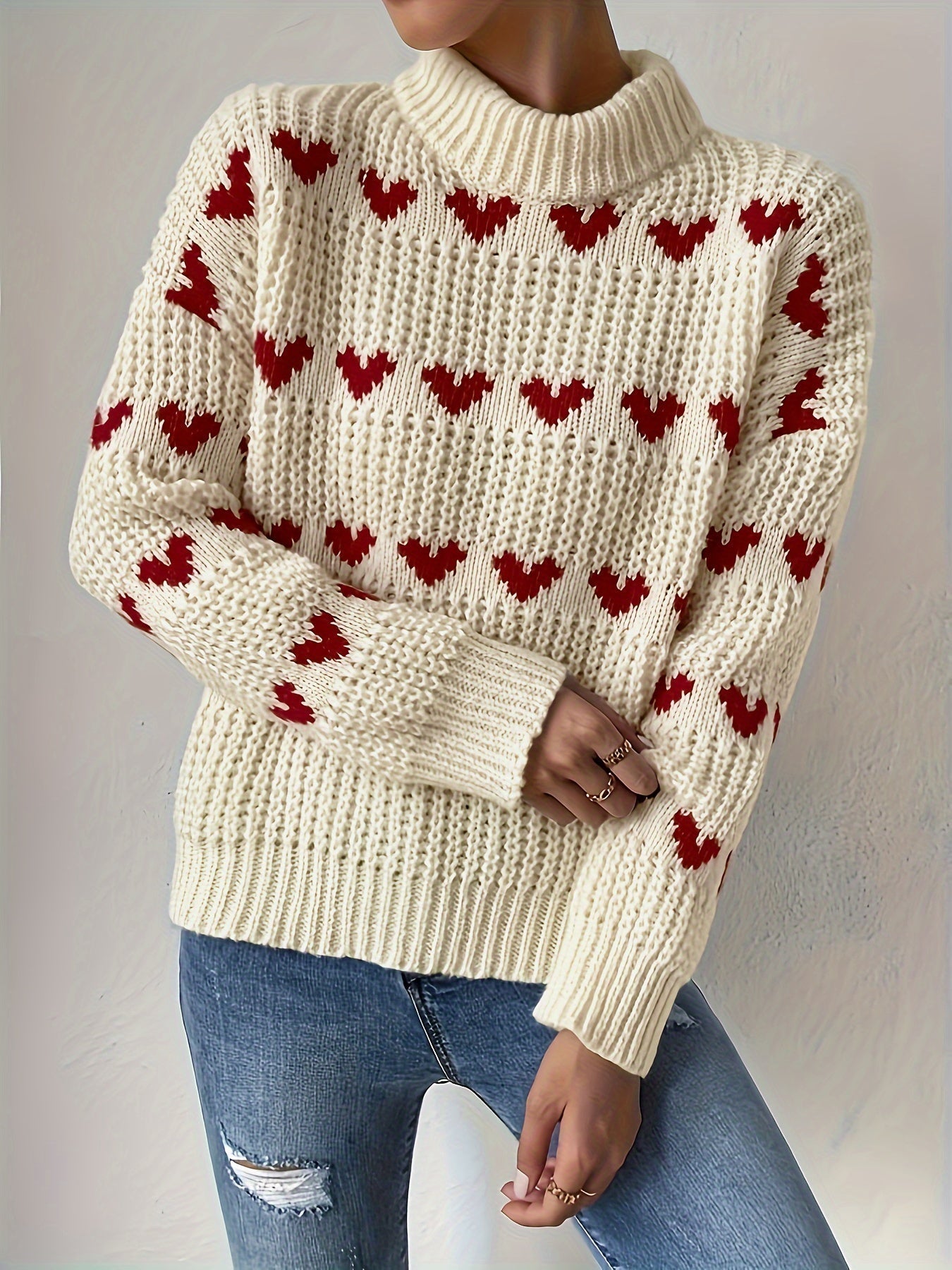 Turtleneck-tröja | Hjärtmönster | Hög hals | Stickad tröja | Damtröja-Mira Lina