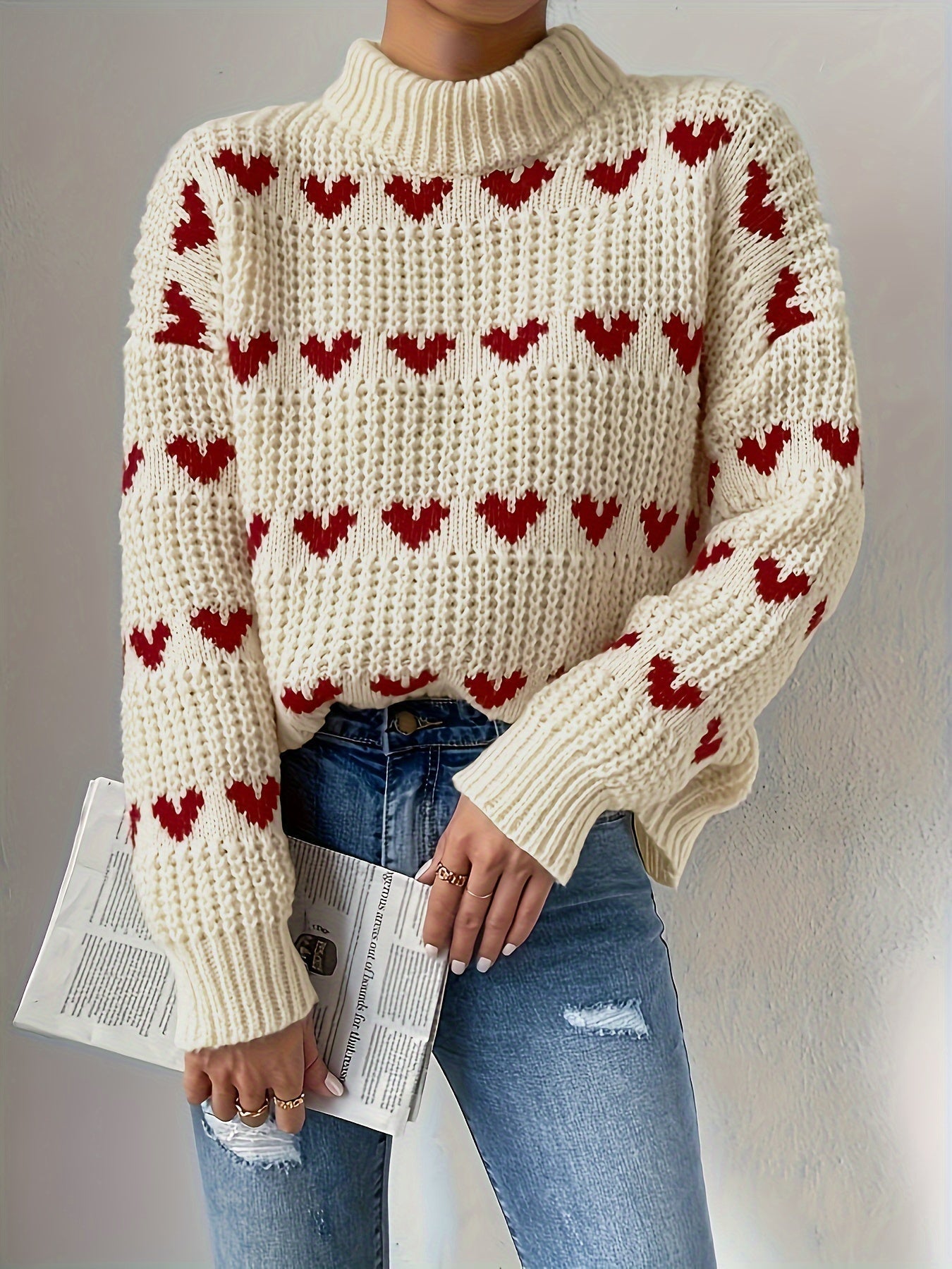 Turtleneck-tröja | Hjärtmönster | Hög hals | Stickad tröja | Damtröja-Mira Lina