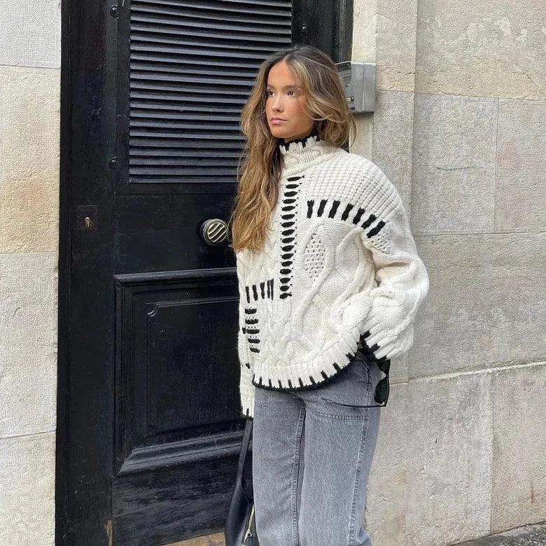 Turtleneck-tröja | Vit | Stickad | Oversized-tröja | Stickade plagg för damer-Mira Lina