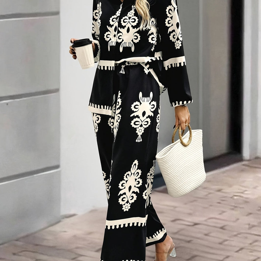 Tvådelat set - Byxor med vida ben - Blazer - Coord-set - Damksyntetmaterial med struktur-Mira Lina