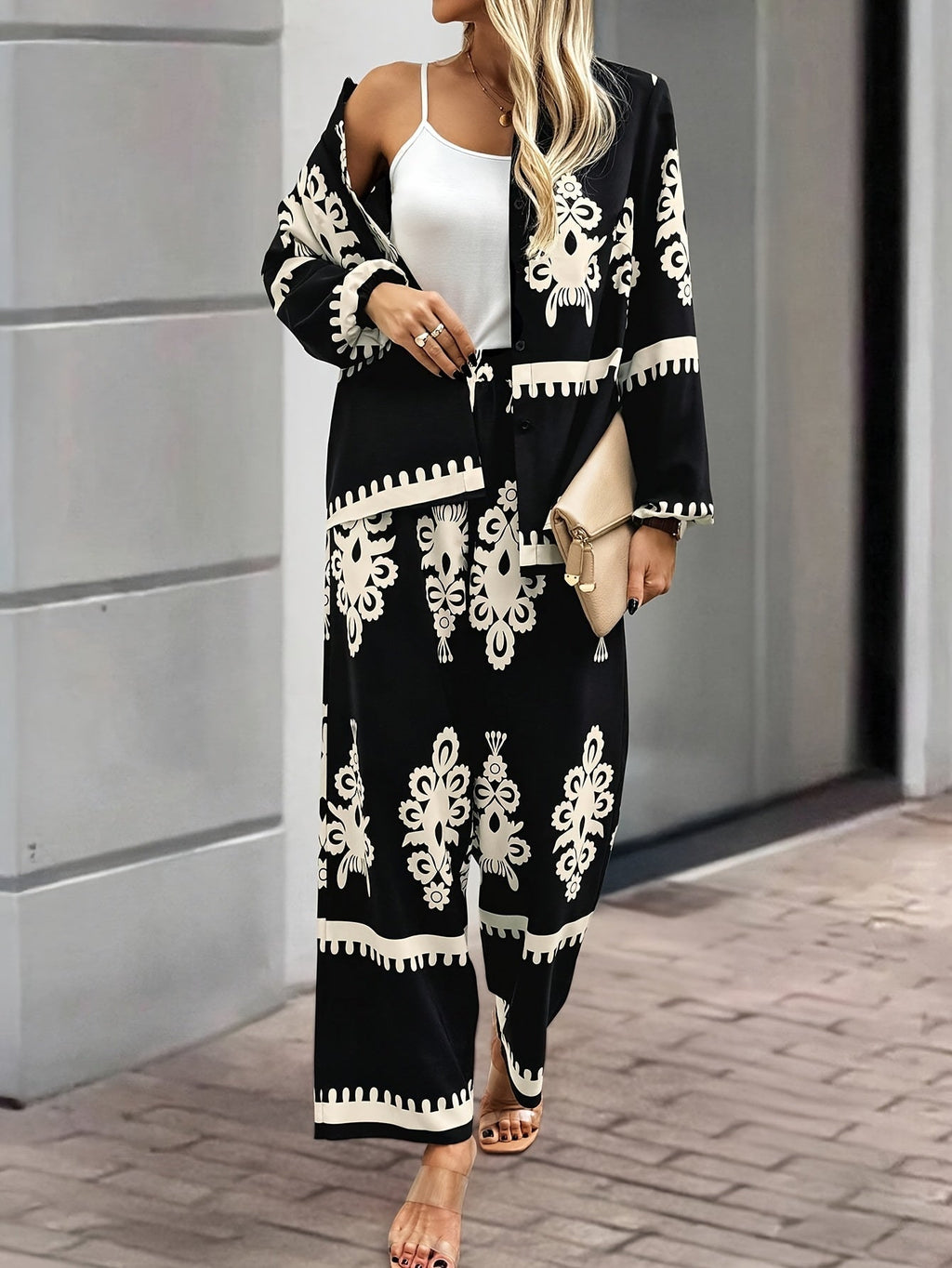 Tvådelat set - Byxor med vida ben - Blazer - Coord-set - Damksyntetmaterial med struktur-Mira Lina