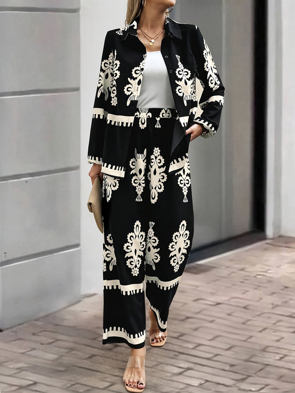 Tvådelat set - Byxor med vida ben - Blazer - Coord-set - Damksyntetmaterial med struktur-Mira Lina