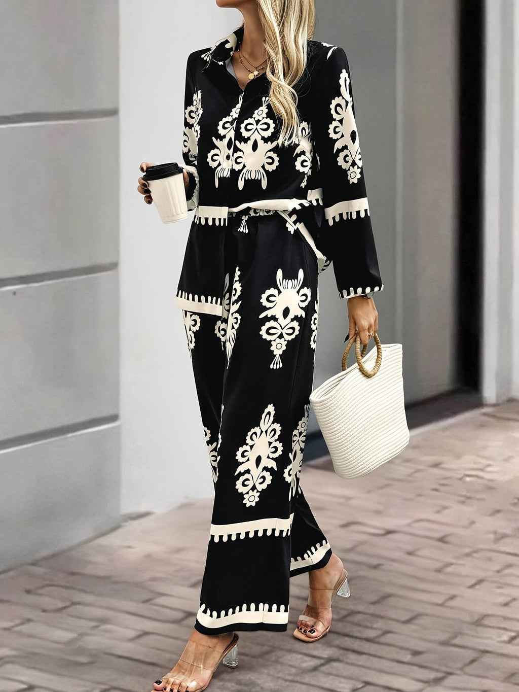 Tvådelat set - Byxor med vida ben - Blazer - Coord-set - Damksyntetmaterial med struktur-Mira Lina