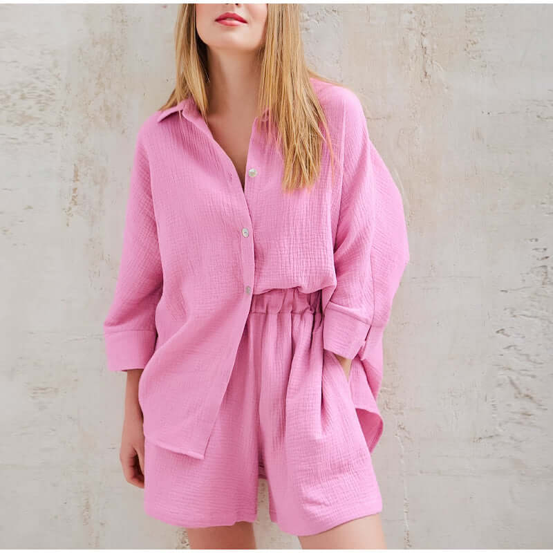 Tvådelat set i slubväv | Button-Up | Sommar | Shorts och skjorta Set | Slubväv Co-Ord Set Dam-Mira Lina