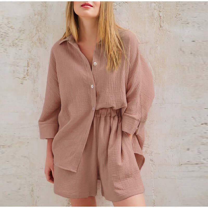 Tvådelat set i slubväv | Button-Up | Sommar | Shorts och skjorta Set | Slubväv Co-Ord Set Dam-Mira Lina