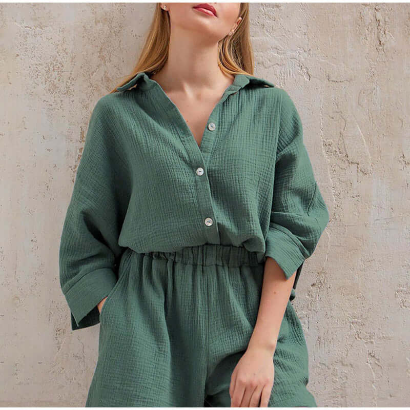 Tvådelat set i slubväv | Button-Up | Sommar | Shorts och skjorta Set | Slubväv Co-Ord Set Dam-Mira Lina